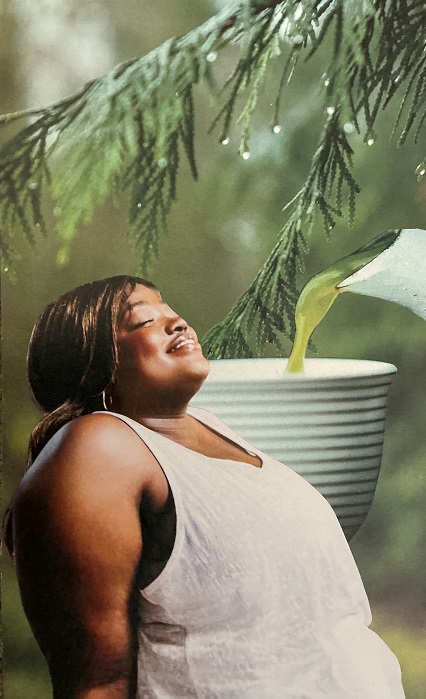 a person relaxing with tea and nature in the background